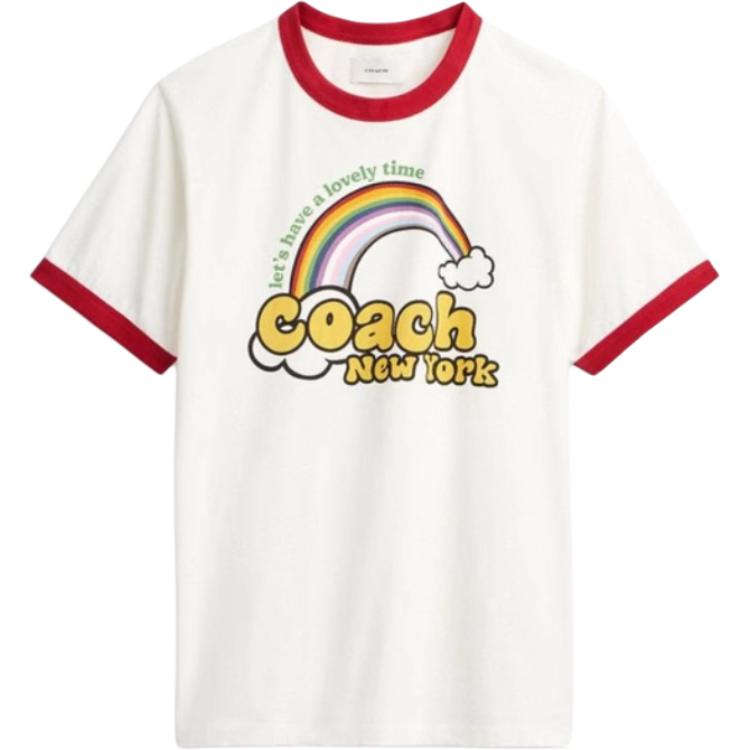 Coach Cotton Rainbow Pattern Trim Round Neck Short Sleeve T-Shirt Men Tops White CBL84-Y05