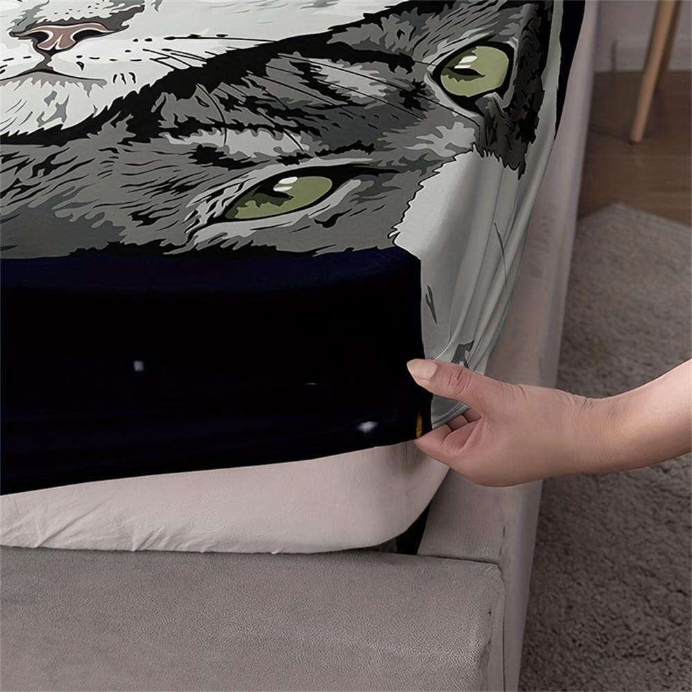 Pet Cat Print 3pcs Fitted Sheet Set, Soft Comfortable Breathable Starry Sky Bedding Mattress Protector Set, For Bedroom, Guest