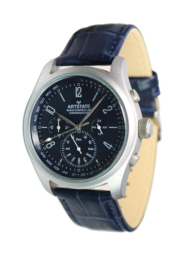 [ARTSTATE AS3336C] Men's Chronograph Radio-Controlled Watch, Leather Strap, Long Lifespan (Blue)
