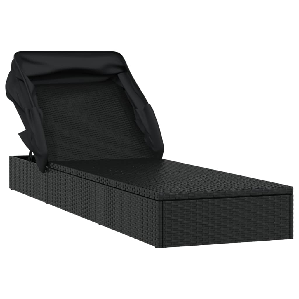 Folding Sun Lounger with Canopy Black 213x63x97 cm Poly Rattan