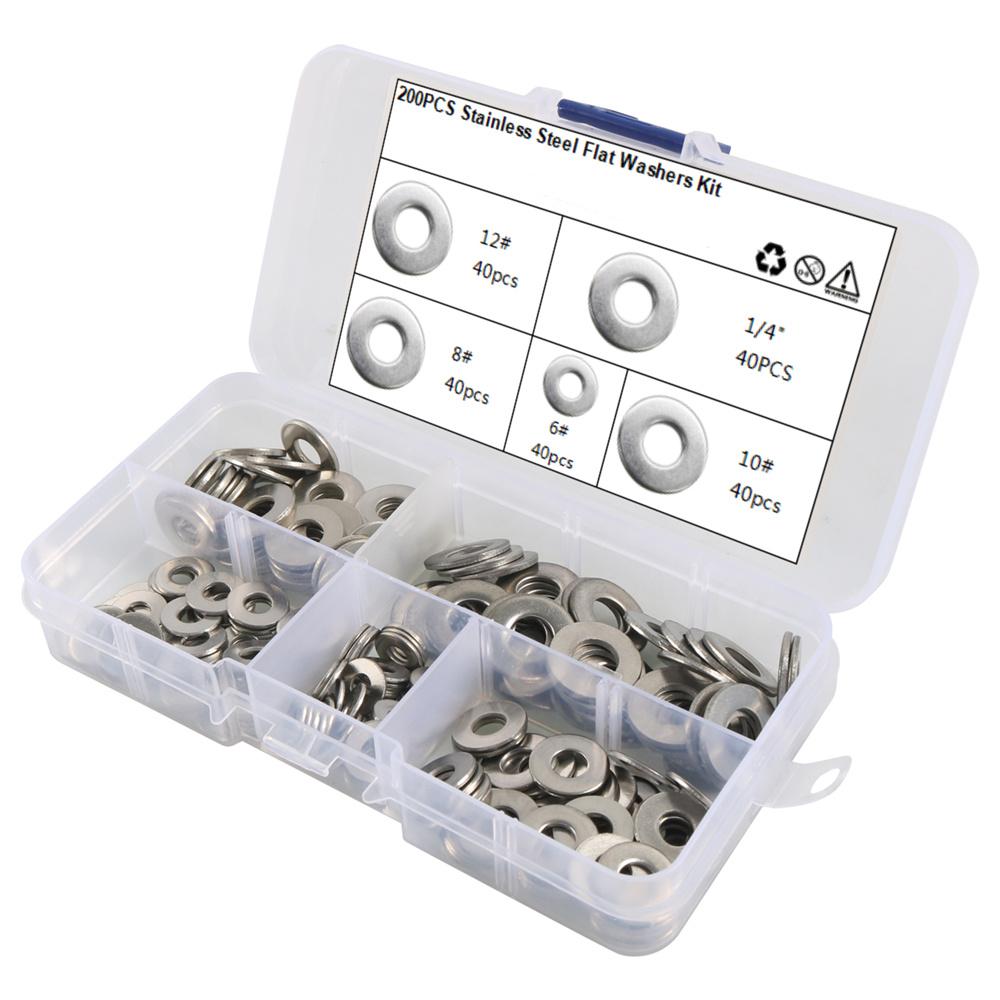 Boîte de 200 pièces Rondelles plates en acier inoxydable 304 1/4" 6 8 10 12 chacune 40 pièces