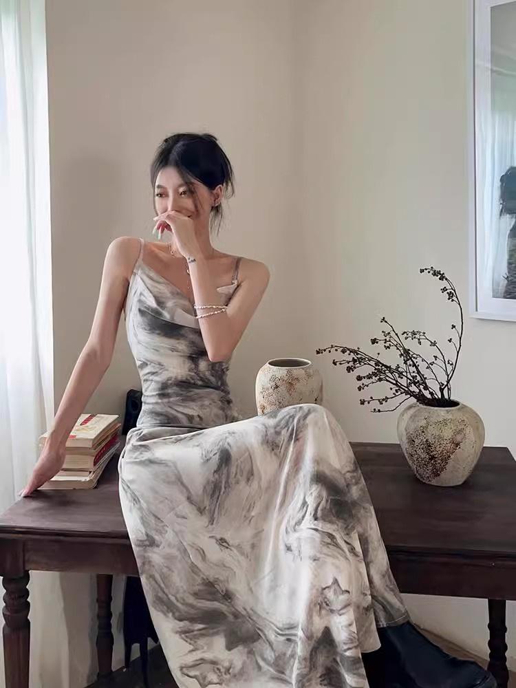 Adjustable Spaghetti Strap Ink Painting Bodycon Fishtail Dress - Chinese Style