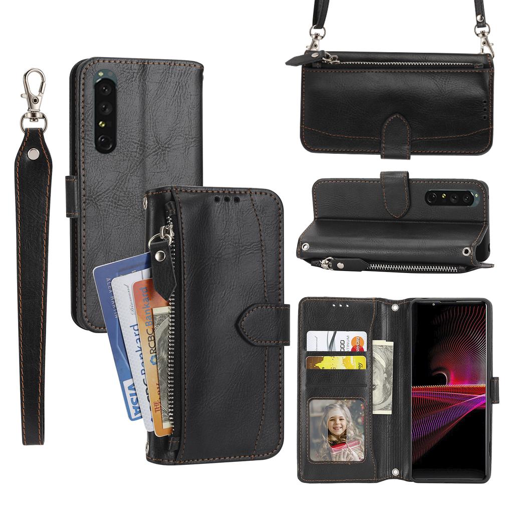 For Sony Xperia 5 IV 5G Case Zipper Pocket Leather Phone Cover with Crossbody Shoulder Strap