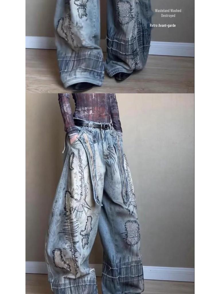 Women's Plus Size Retro Knife-Design Wide-Leg Jeans: Washed, Stained, Curved, Draping Long Pants