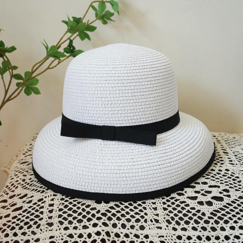 French Vintage Hepburn Elegant White Black Edge Bow Fisherman Bell Basin Hat Women'S Summer Vacation Beach Straw Hat