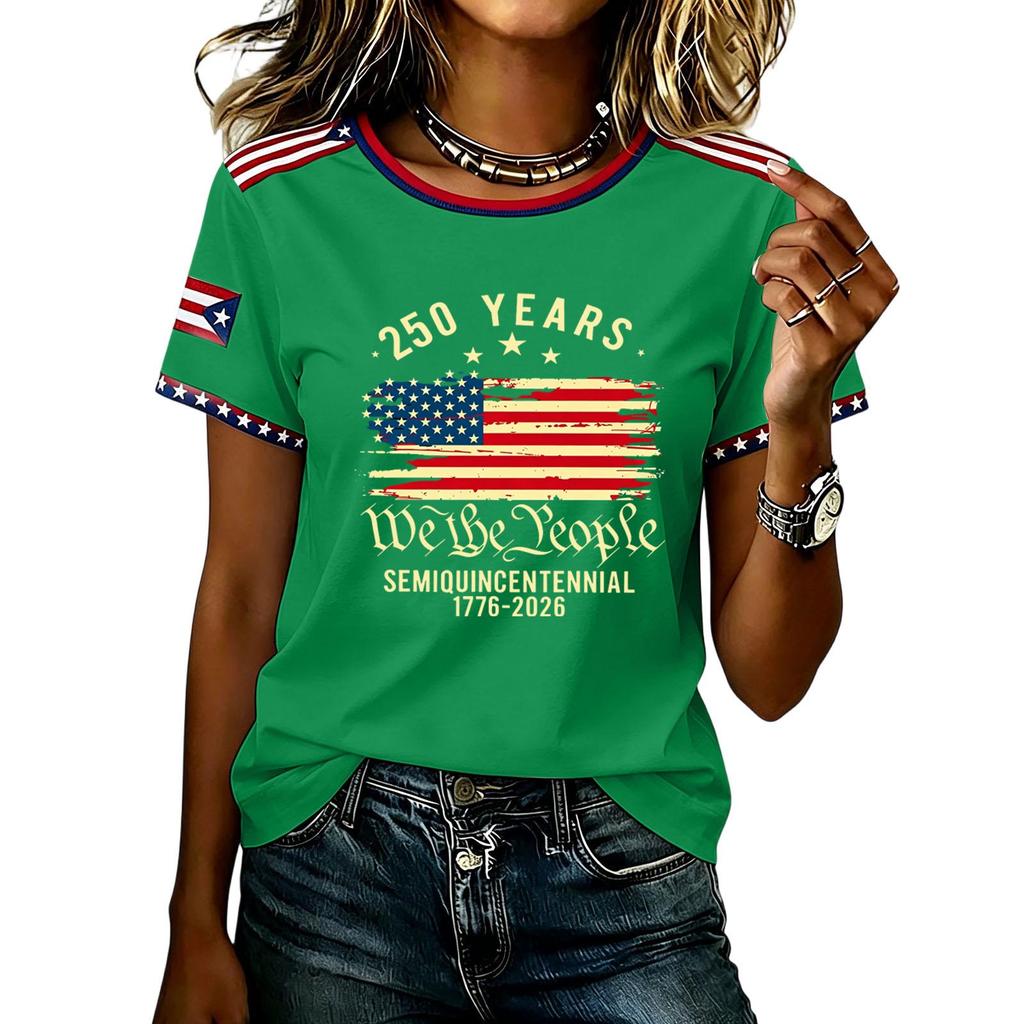 Womens Short Sleeve Crew Neck T Shirt Semiquincentennial 250 Years We the Flag Print Casual Top