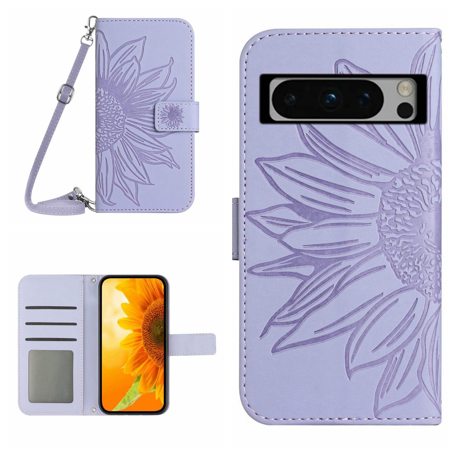 

HT04 For Google Pixel 8 Pro Skin-Touch PU Leather Case Wallet Stand Imprinted Phone Cover with Shoulder Strap Light Purple