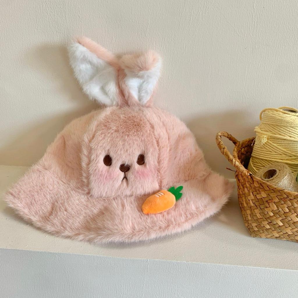 Rabbit ears plush hat women's autumn and winter warm big head circumference bucket hat cartoon college wind washbasin hat
