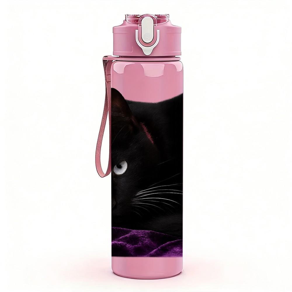 1PC Sleepy Black Cat Resting Portrait Print 750ml Color Plastic Sports Water Bottle Leakproof Flip Straw Lid Suitable for Sports Office Home Use