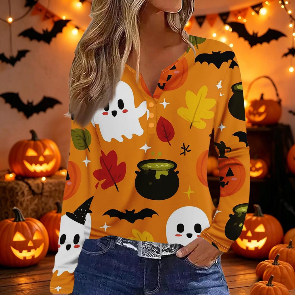 Womens Casual Long Sleeve V Neck Button Down Top Halloween Print Pullover Shirt Lightweight Comfortable Fit