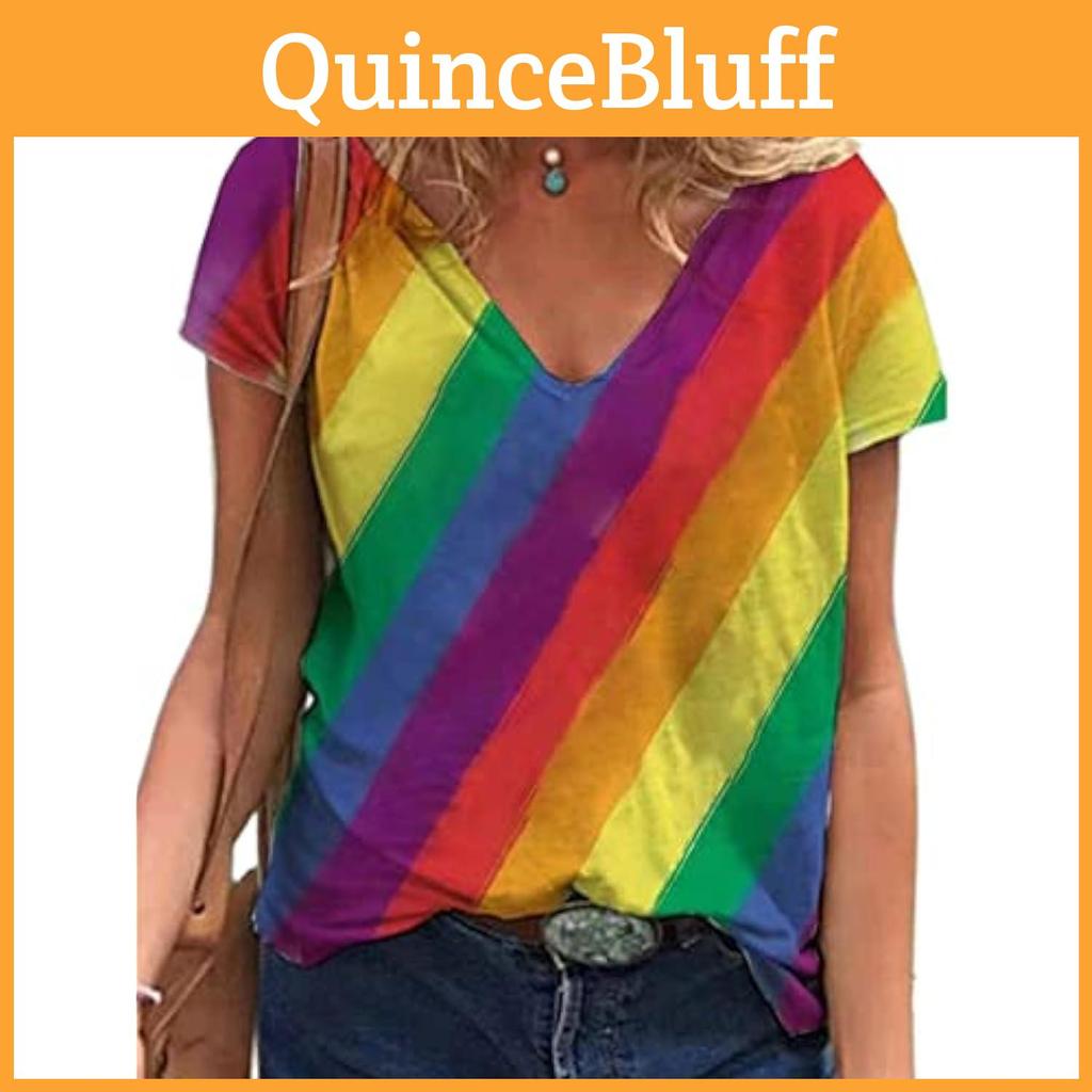 Vneck Rainbow Printed 3d Summer Pattern Top Fashionable Casual Short Sleeved Womens Tshirts