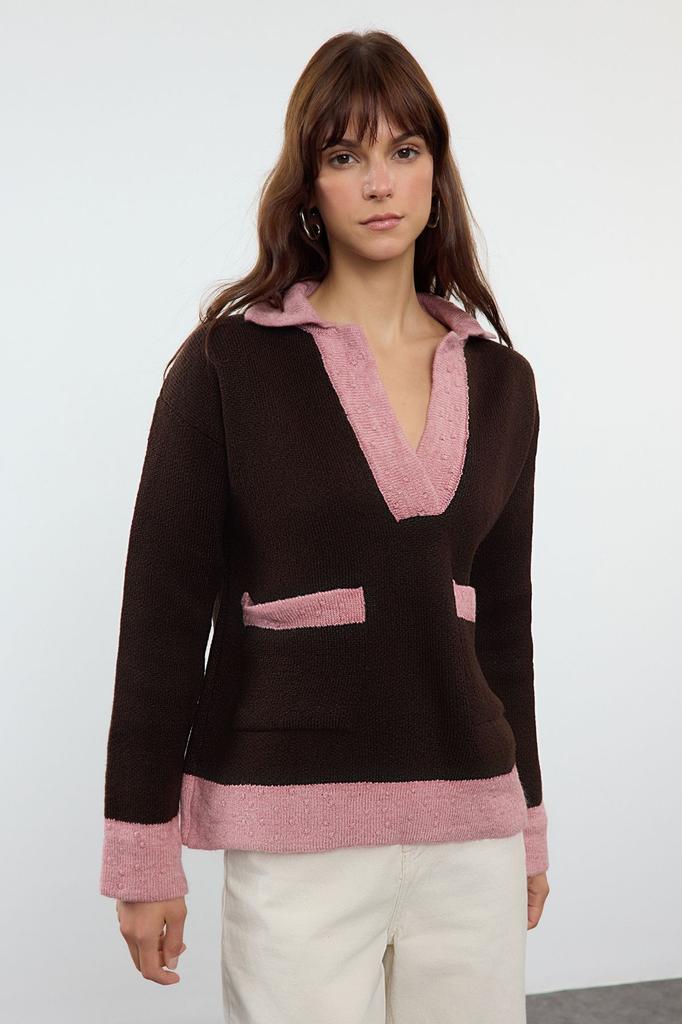 Women's Elegance Style Sweater Brown Soft Textured Color Blocked Knitwear Sweater