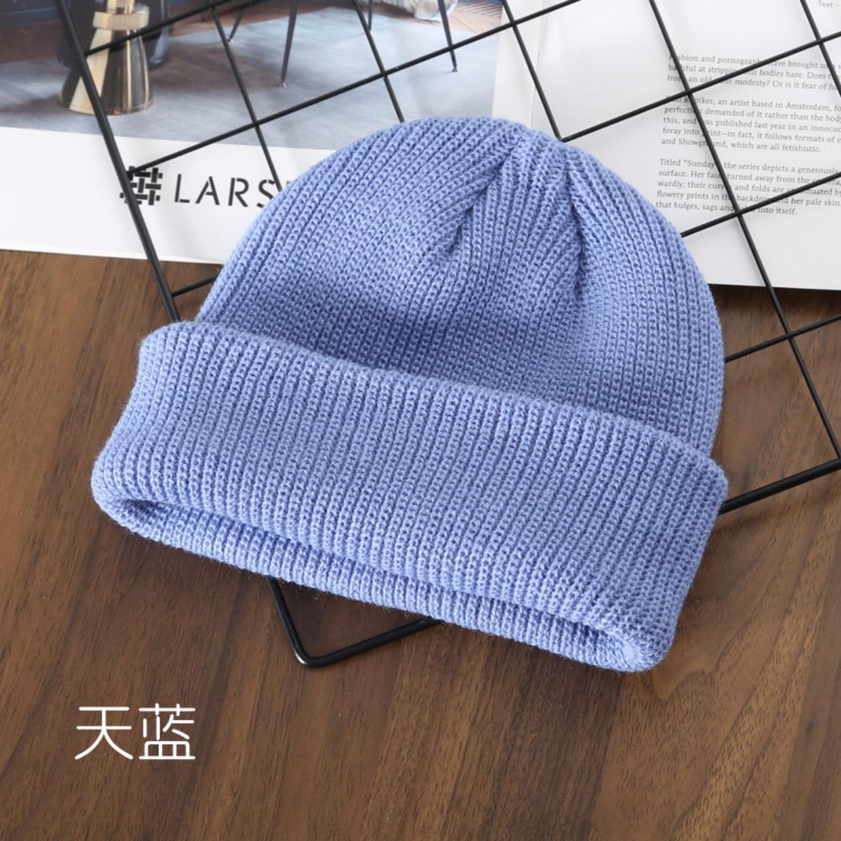 

Женская шапка, Однотонная, Легкая пластина, Подвернутый край, Вязаная шапка, Уличная шапка, Повседневная шапка, Холодная шапка, Теплая шапка, Шерстяная шапка небесно-голубой