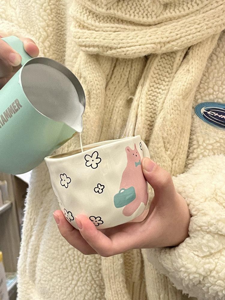 250ml Hand Pinched Irregular Coffee Mugs with Handle Cute Bear Pattern Breakfast Milk Oatmeal Tea Cup Handmade Water Cups Gifts