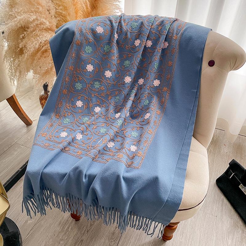 Pattern embroidery flower imitation cashmere scarf shawl ethnic style travel thickened warm cape cape long towel fringed woman