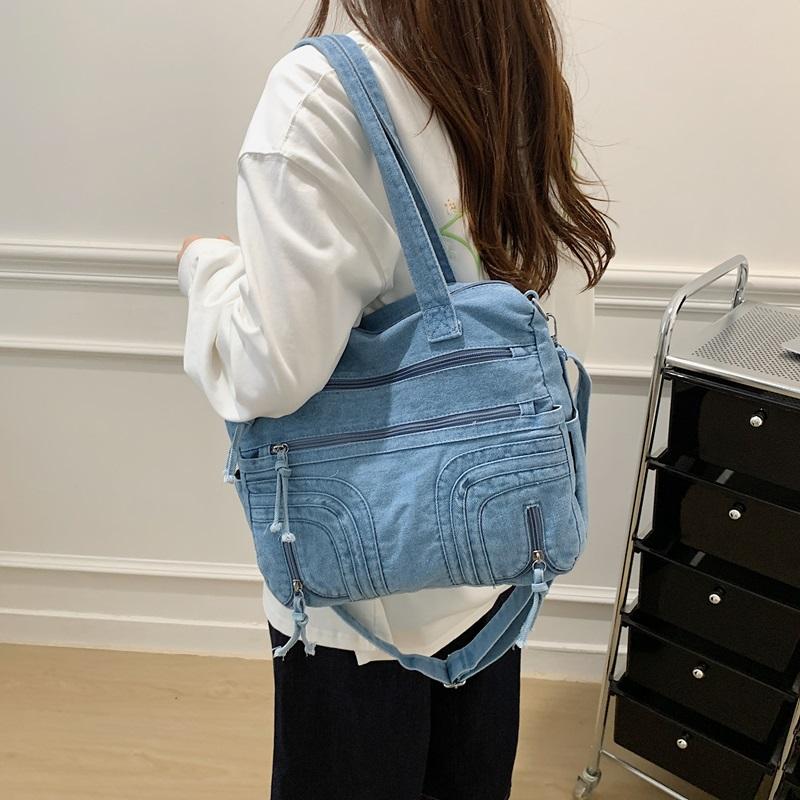 Gewaschene Denim-Umhängetasche mit mehreren Taschen und oberem Griff, verstellbarem Riemen, lässige Tragetasche für den täglichen Gebrauch