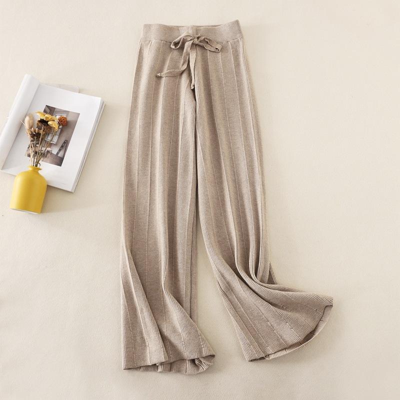 Pantaloni in maglia dritti drappeggiati a vita alta tinta unita autunno inverno da donna