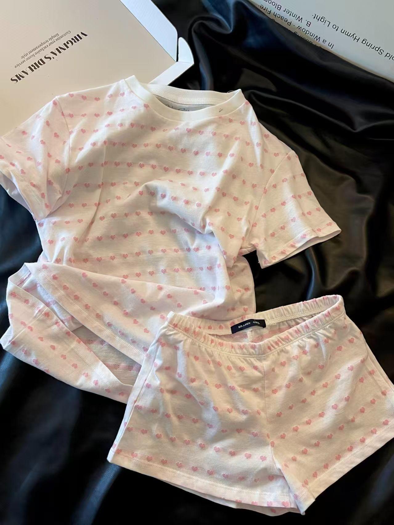

[High-quality imitation cotton] Girls sweet wind pink love pajamas women s spring new shorts short-sleeved loungewear M