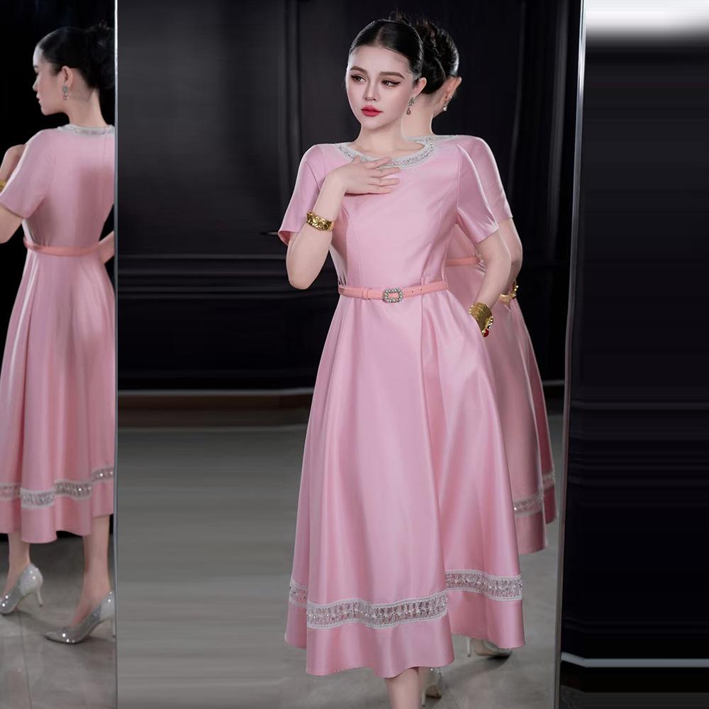 Summer 2026 Nanyou Elegant Socialite Round Neck Cropped Waist Short Sleeve Dress - Women s Slimming A-line Skirt XXL розовый