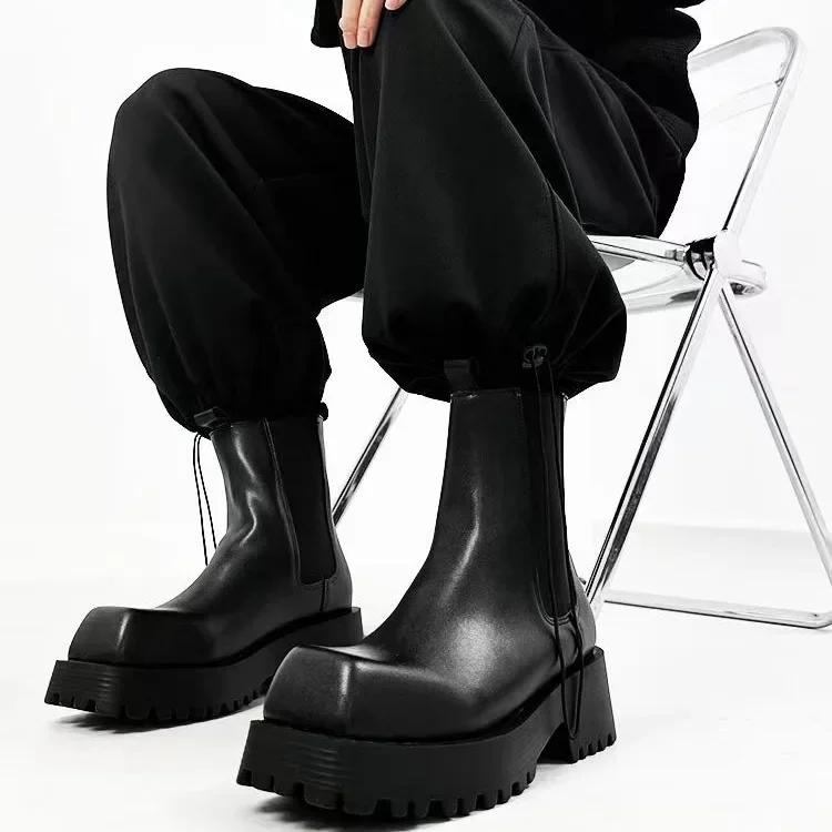 Fashion Square Toe Platform Black Boots Women/men 2025 New Autumn Winter Fashion Ankle Boots Wedges Side Elastic Fabric Slip On Shoes
