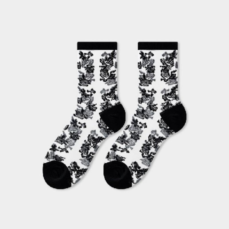 Ultra-thin Transparent Crystal Silk Socks Women Fashion Summer Harajuku Crew Socks Retro Flower Streetwear Elastic Long Socks