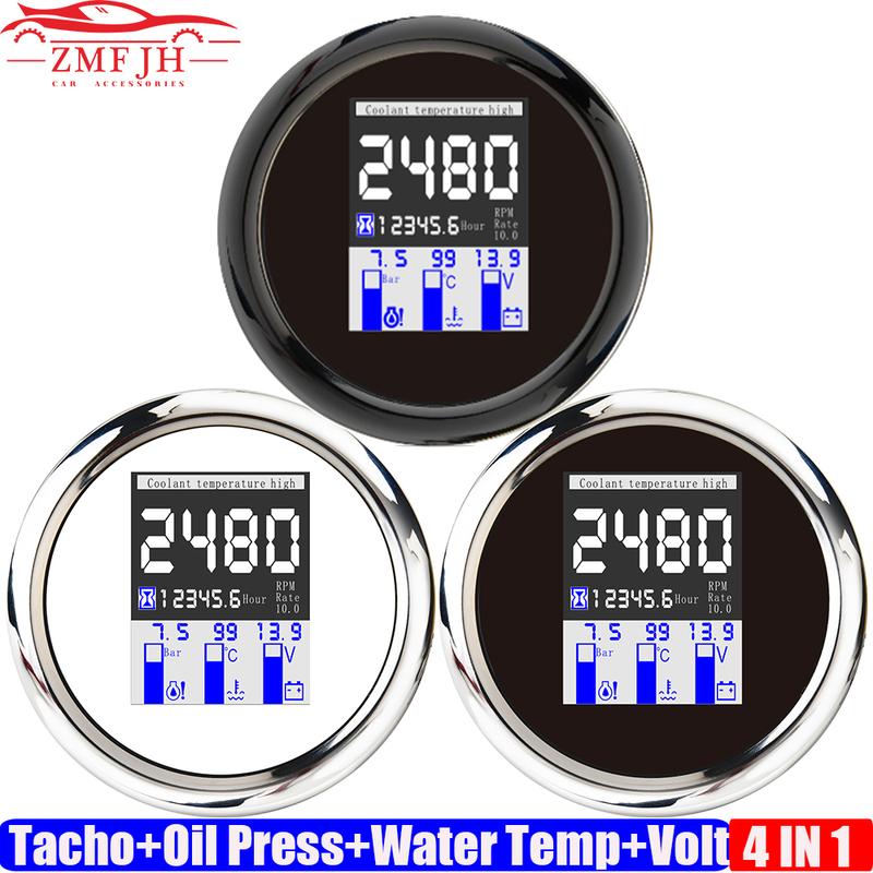 ZMFJH Digital 85MM Multifunctional Gauge 4IN1 Tachometer+Oil Pressure Meter+Water Temp+Voltage with Sensor Alarm for Car Boat