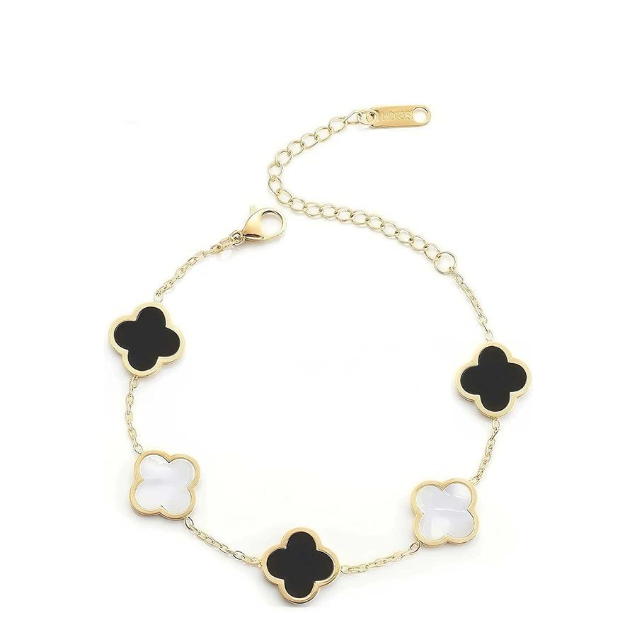 18K Gold Plated Four-Leaf Clover Bracelet with Mother-of-Pearl, Titanium Steel Jewelry Piece, Double-Sided Smooth Surface