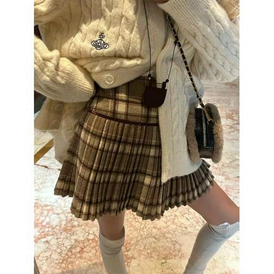 Women's High Waist Plaid Wool Skirt - Spring 2025 College Style Petite Skirt