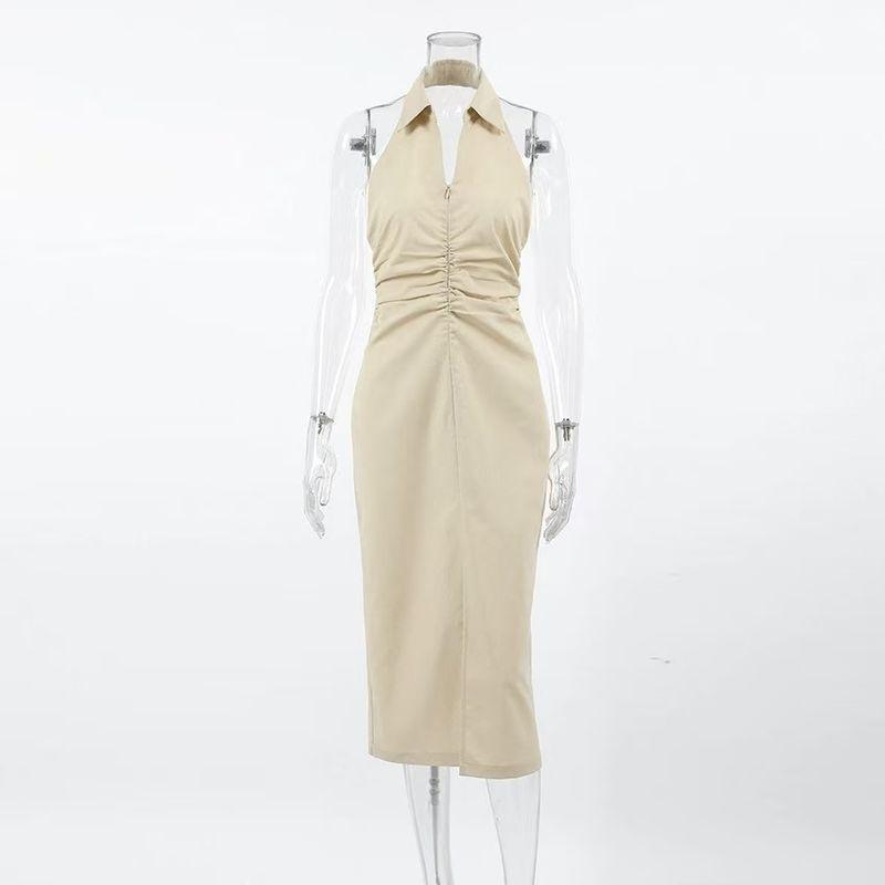 

Fashion Wind New Arrival Sexy Halter Backless Slim Fit Split Sleeveless Dress Sexy Backless Dress Khaki L