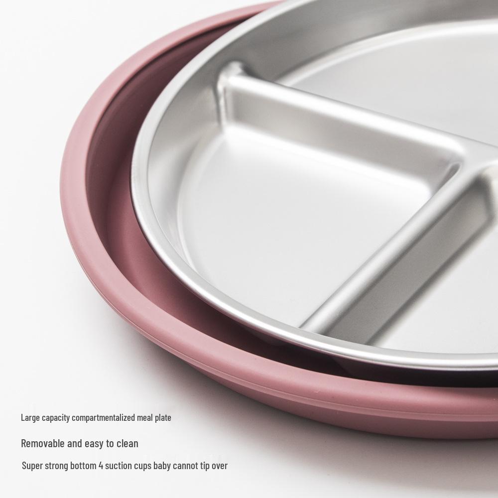 Edelstahl Kinder-Essgeschirr mit Anti-Rutsch-Silikon-Saugfuß & Besteck
