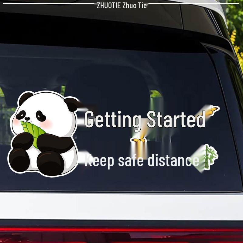 Panda Cartoon Reflective Warning Sticker: 'New Driver, Keep Distance' – Waterproof Rear Windshield Decal