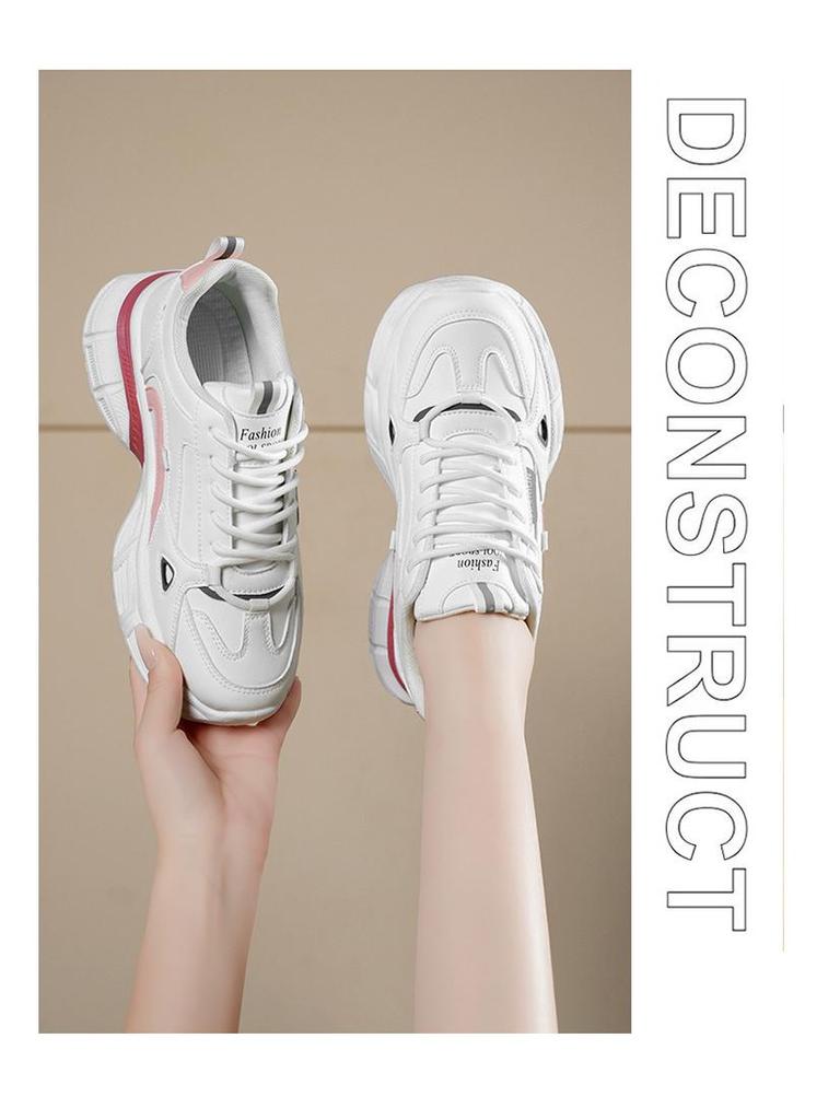 2025 Spring Women's Korean Style Breathable White Sneakers: Versatile Thick Sole, Height Increasing, Casual Sports Dad Shoes