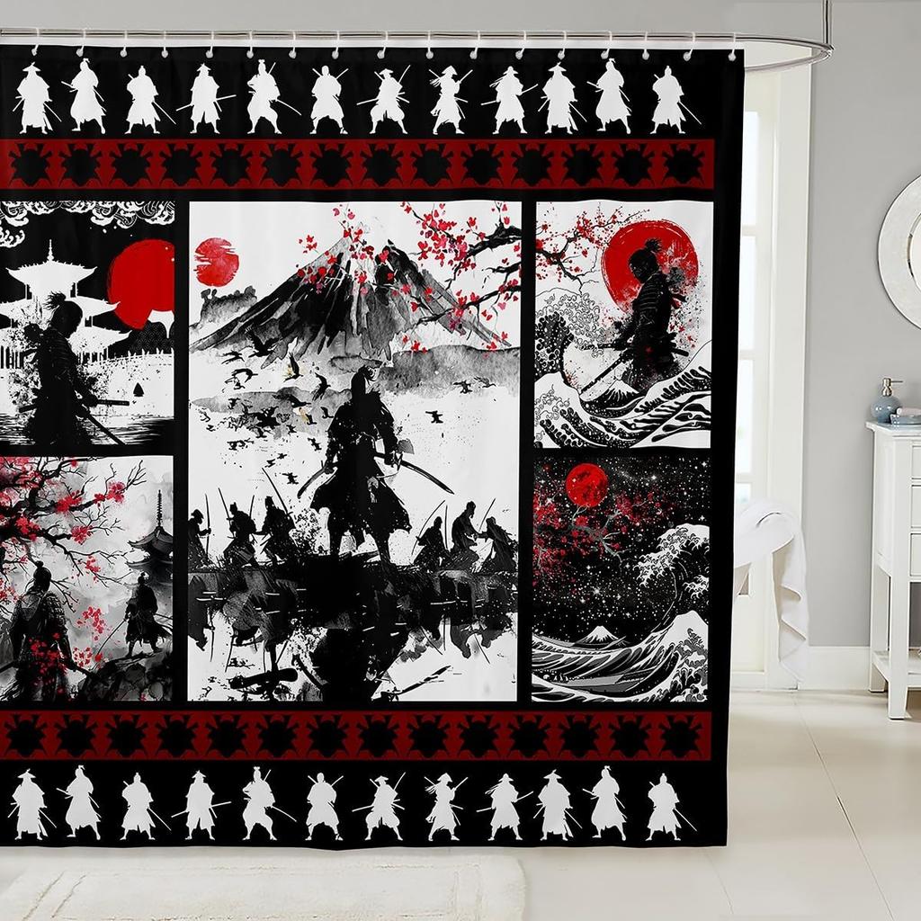Kids Japanese Geisha Shower Curtain Boys Girls Cherry Blossoms Bathroom Shower Curtain Set Japanese Style Bath Curtain