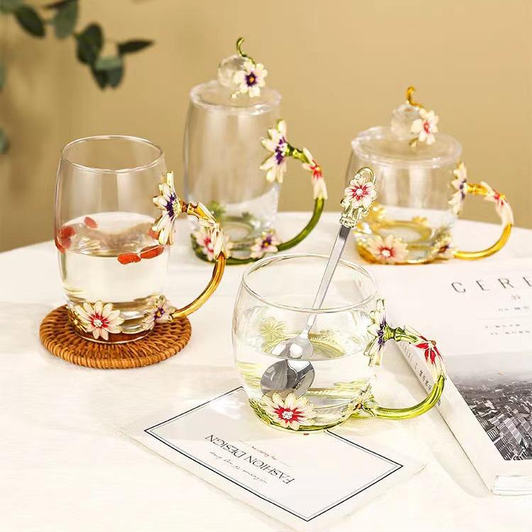 Chrysanthemum Enamel Glass Tea Cup - Lead-Free Crystal Coffee Cup Gift