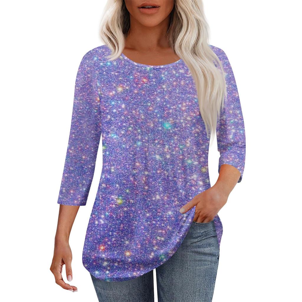 Women's Fashion Casual Floral Print Pleated Round Neck Casual Three-quarter Sleeve Spring And Summer Top