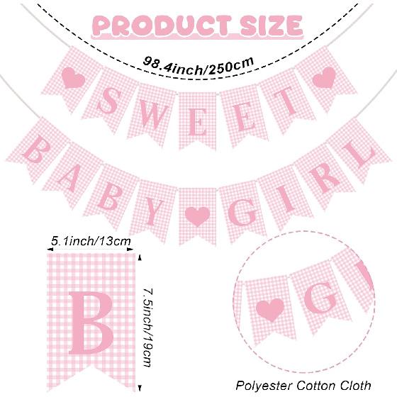 2 Pcs Pre Strung Pink Gingham Sweet Baby Girl Banner Pink Girl Baby Shower Banner Decorations for Gender Reveal Party Decor Supplies Table Wall