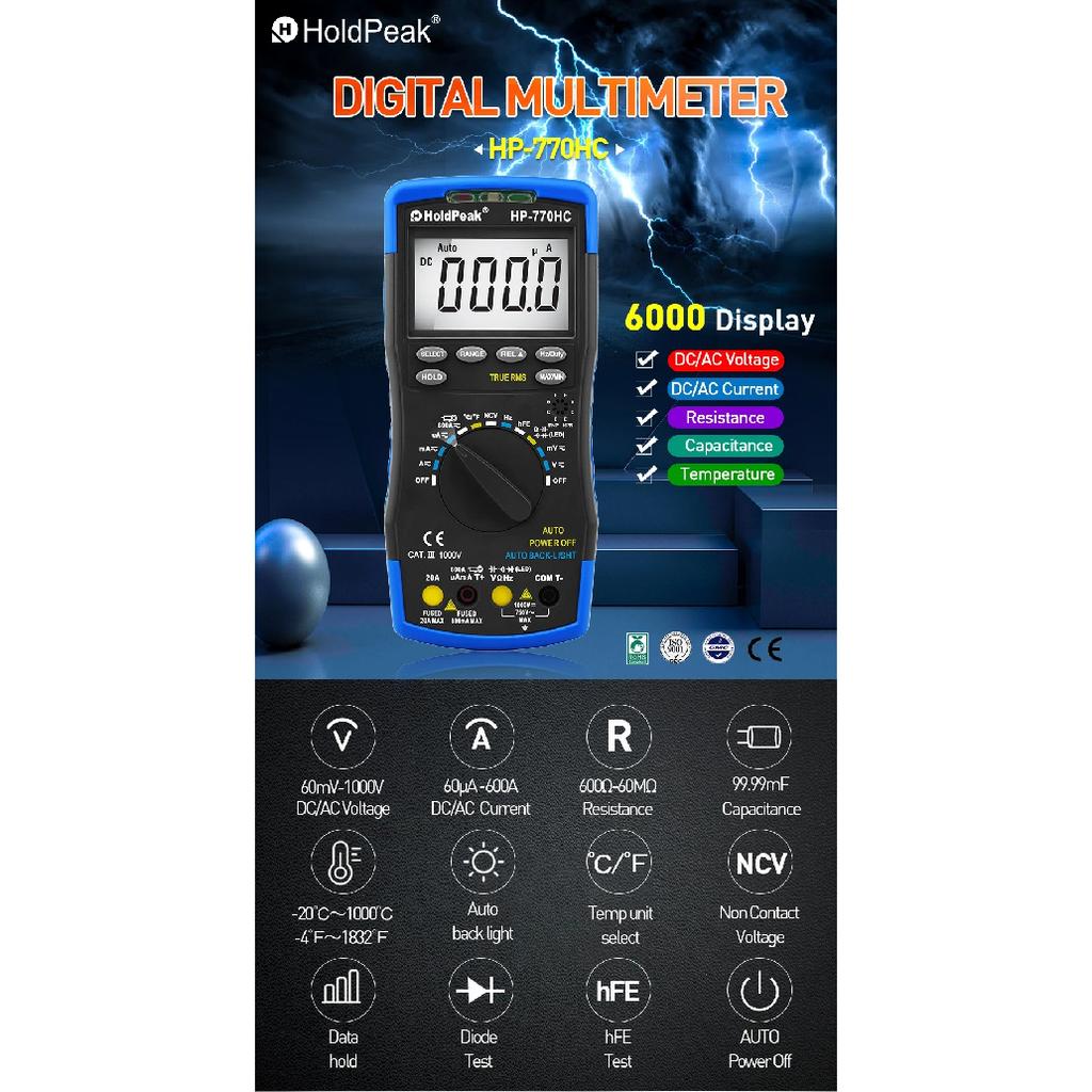 Multimetro HoldPeak HP-770HC True RMS Auto Ranging Digital Multimeter with NCV Feature and Temperature/Frequency/Duty Cycle Test