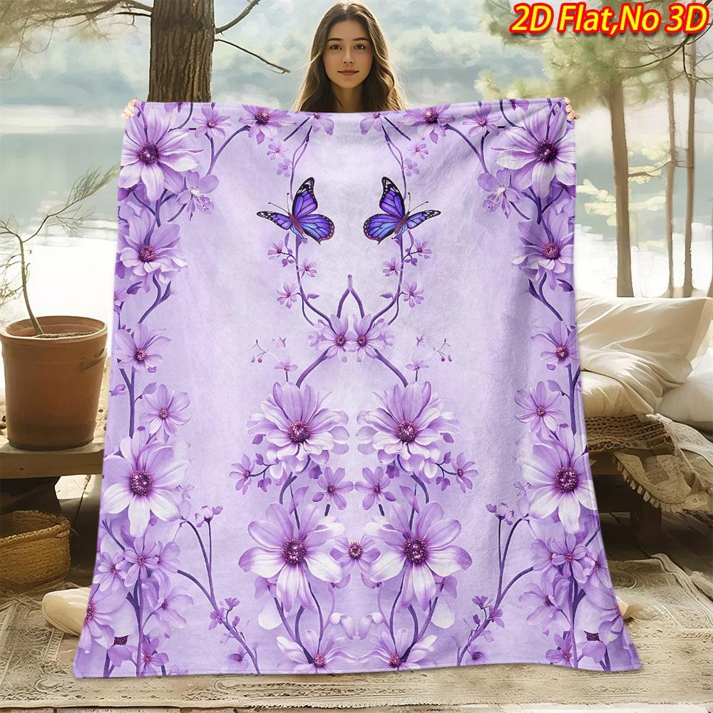 1pc 2D Flat Printing Spring & Summer New Arrival Purple Floral Butterfly Theme Digital Print Blanket, All-Season Use, Casual Throw, 100% Polyester Sof