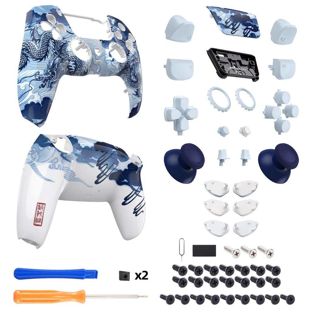 eXtremeRate Compatible with PS5 and Redesigned Luna Full Patterned Housing Button and Touchpad Custom Black Replacement Top and Bottom Covers for PS5