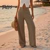Bequeme Hose Baumwolle Leinen Weites Bein für Damen, Lockerer Knopf Elastischer Bund Arbeitsbund Freizeit Hose, Einfarbige Palazzo mit Taschen