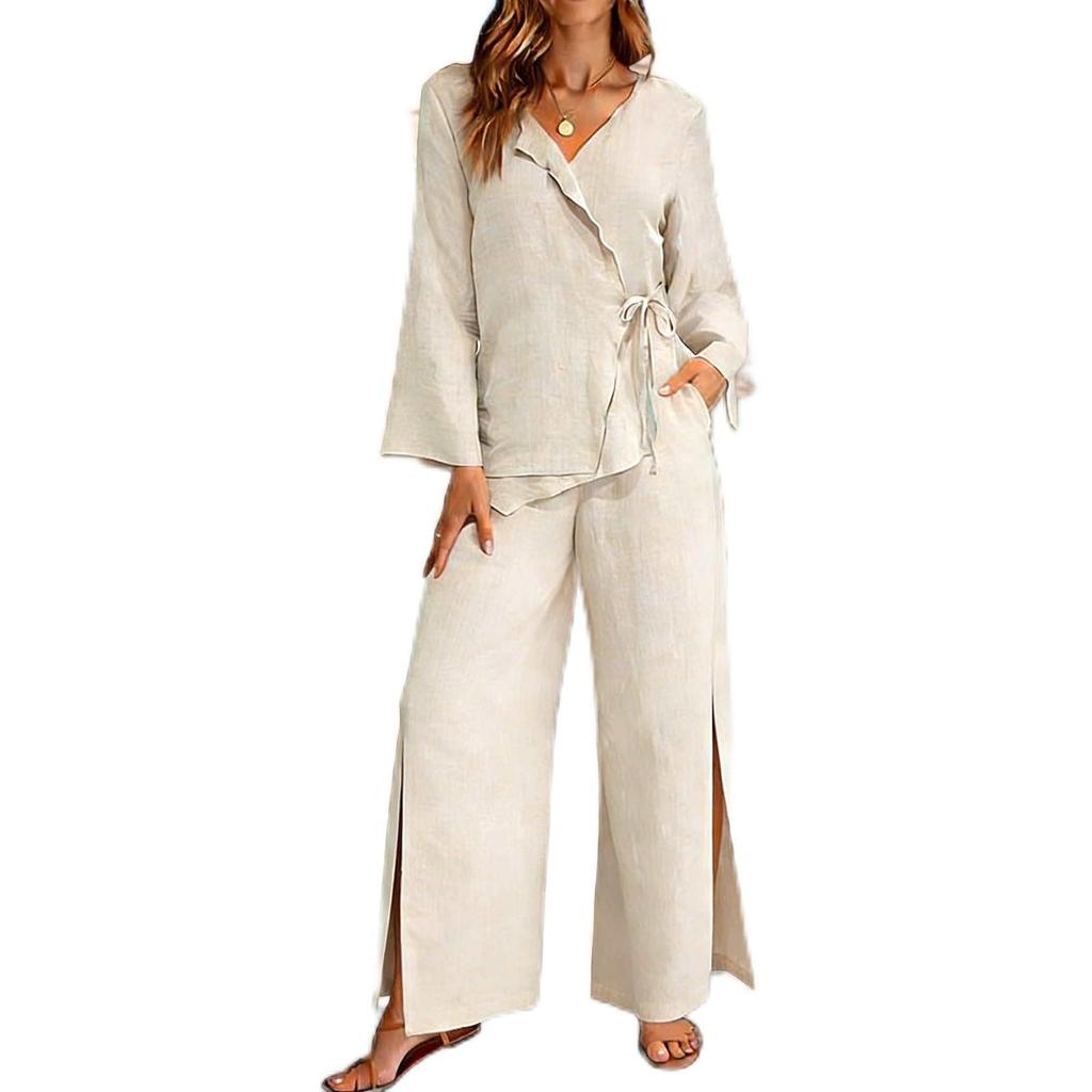 Women's Casual V-neck Long Sleeved Shirt Long Pants Two-piece Set