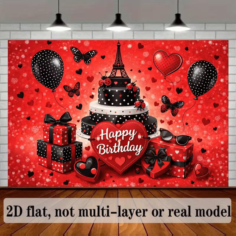 2D Birthday Photography Background, French Paris & Ladybug Themed Party Backdrop Banner