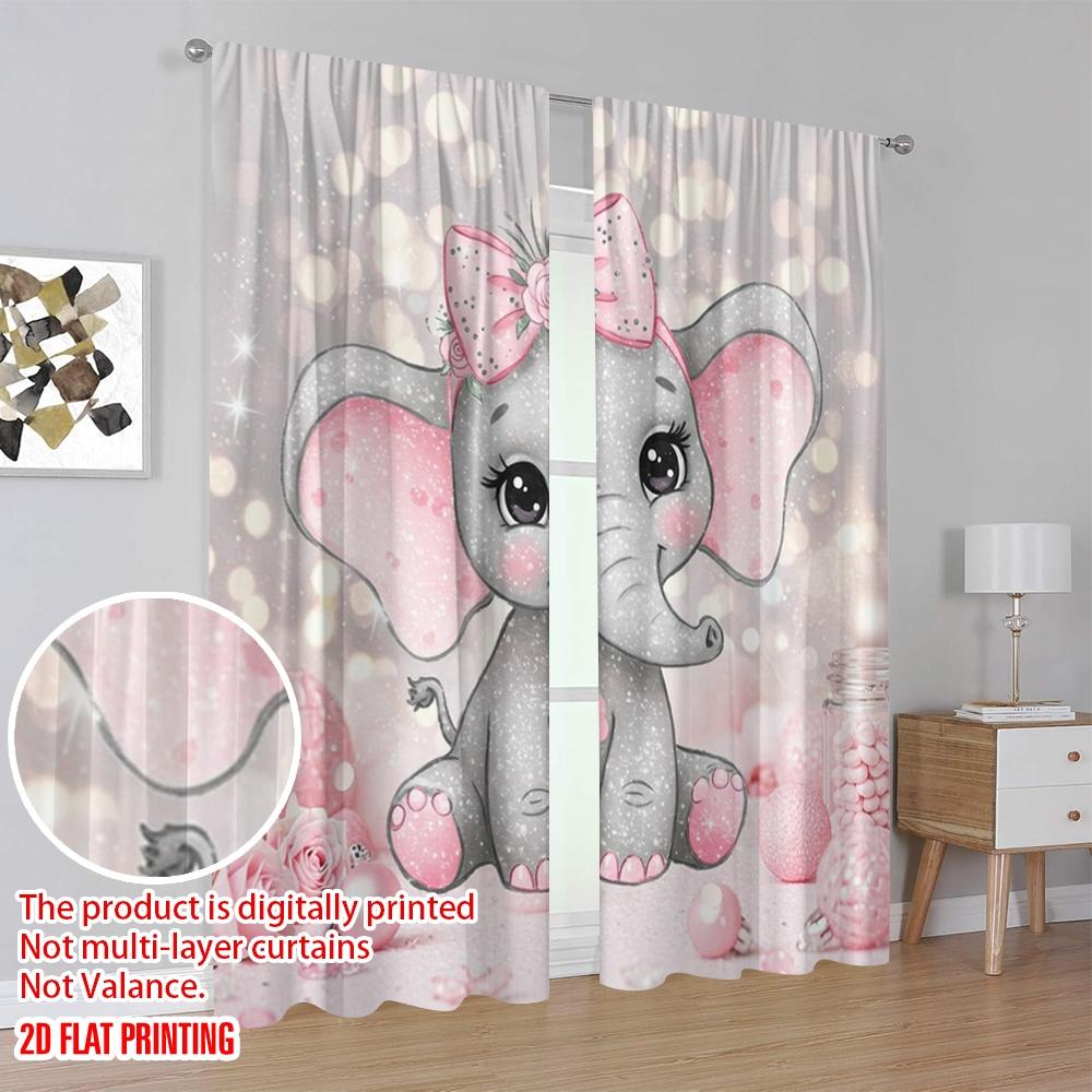 Set Of 2 Flat Printing Window Treatment Curtains Cute Little Elephant Polyester Without Electricity Wall Decor Curtain Machine Washable