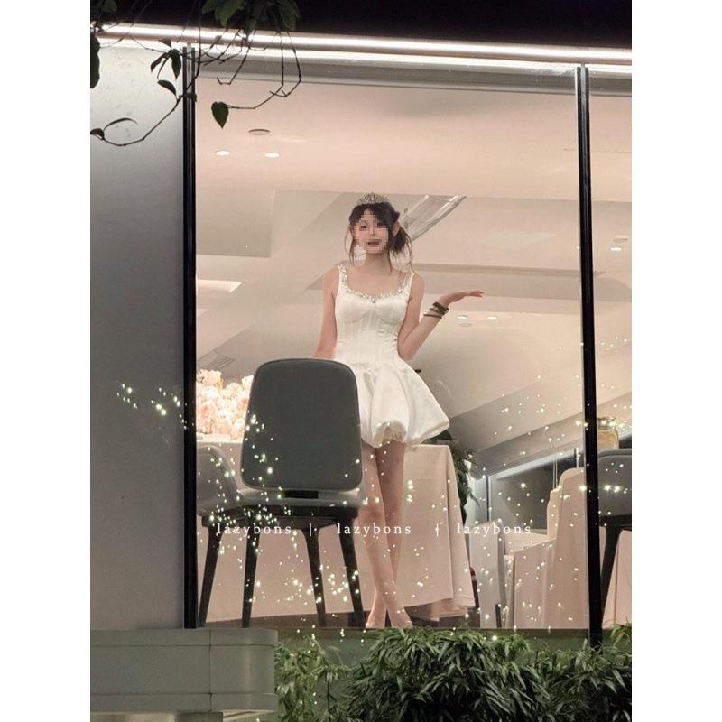 High-end white dress birthday dress dress female heavy industry fish bone waist princess suspender skirt
