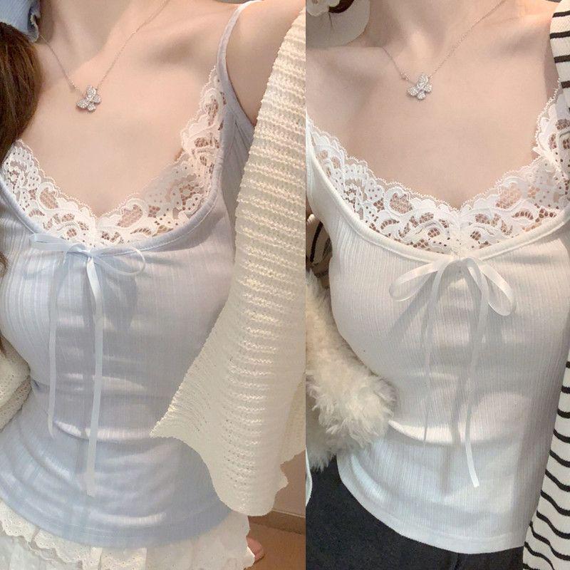 Plus Size Bow Lace Trim Sexy Camisole Tank Top for Women - Summer Loose Fit
