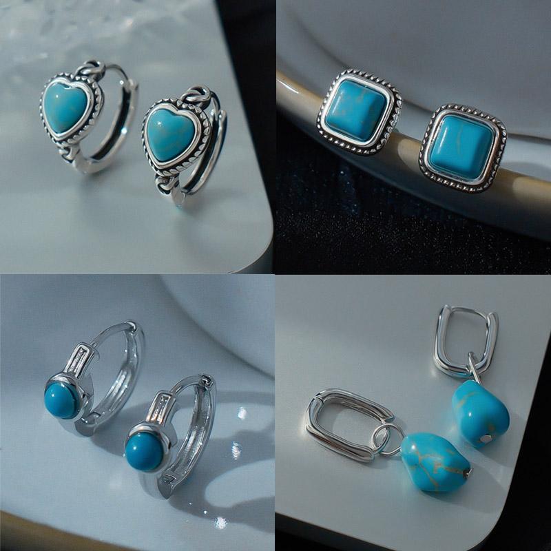 925 Sterling Silver Earrings For Women Trendy Geometric Blue Stone Earring Jewelry Prevent Allergy Party Gift Accessories