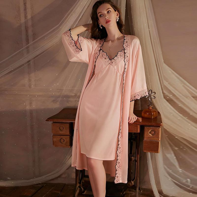 Sexy pajamas women's ice silk spring and summer simulation silk suspender pure lace nightdress high-end loungewear two-piece set