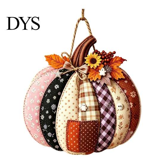 Cartello Appeso in Legno di Halloween Zucca Patchwork Appendiporta, Decorazione Casa Raccolta Autunnale con Foglie d'Acero Bacche, Parete Frontale Rustica Stagionale