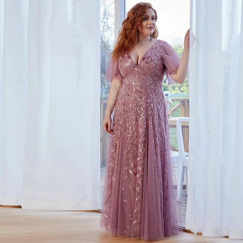 Plus Size Embroidered Sequin Evening Gown with Ruffle Sleeves and Fishtail Skirt