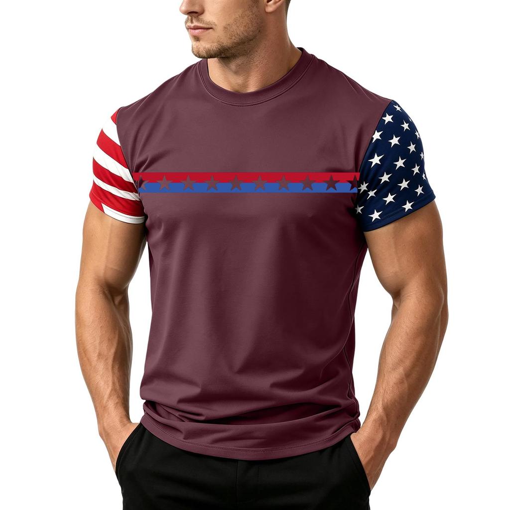 Men's Casual Short Sleeve T Shirt Loose Fit Crew Neck Lightweight Summer Daily Wear Tee with Flag Pattern Sleeve Design